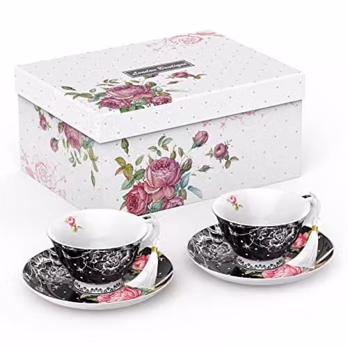 London Boutique Black and White Floral Tea Cup and Saucer Set of 2 in New Bone China – 1