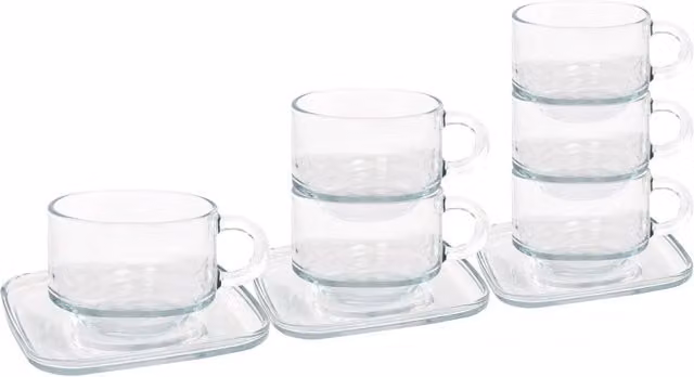 LAV Cozy Stacking Glass Coffee Cups and Saucer Set, 12 Pieces, Clear, 270ml – 1