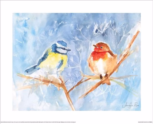 Jennifer Rose Garden Birds Winter Illustration Poster in Mid Blue