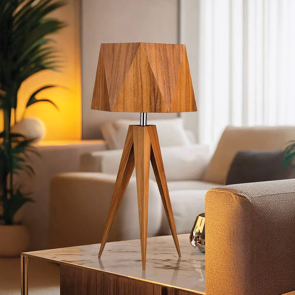Netlighting Modern Angular Table Lamp with Round Tapered Shade in Brown Wood – 2