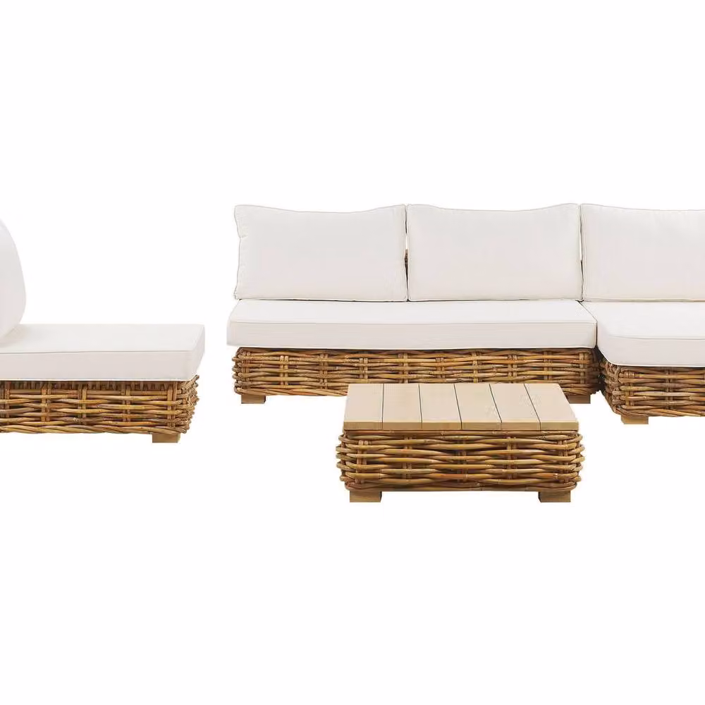 Wyld and Coco Left Hand L Shaped Conversation Set in Brown Polyrattan with White Cushions and Coffee Table – 2