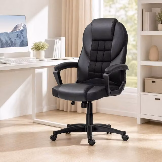 STILVORA Black Faux Leather Swivel Office Chair with Armrests and Castors – 1