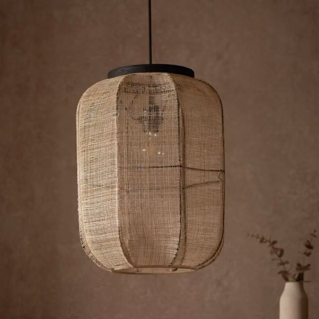 Netlighting Zaire Single Pendant Ceiling Lamp in Natural Wood and Fabric with Matt Black Details