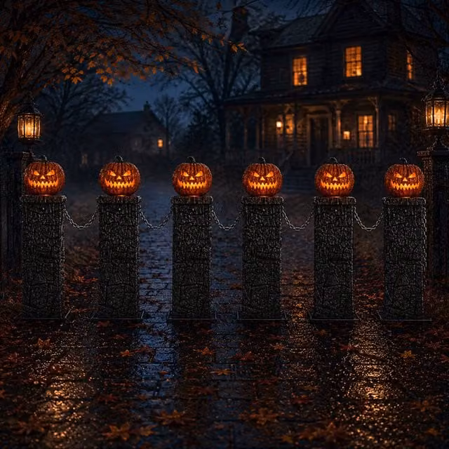 Pack of 2 Samuel Alexander Battery Powered Light Up Halloween Pumpkin Fence with LEDs, Orange, H 97 cm x W 120 cm – 1