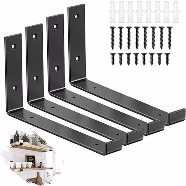 PAWNORA 4 Pack Heavy Duty Polished Black Wall Mounted Angle Shelf Brackets – 1