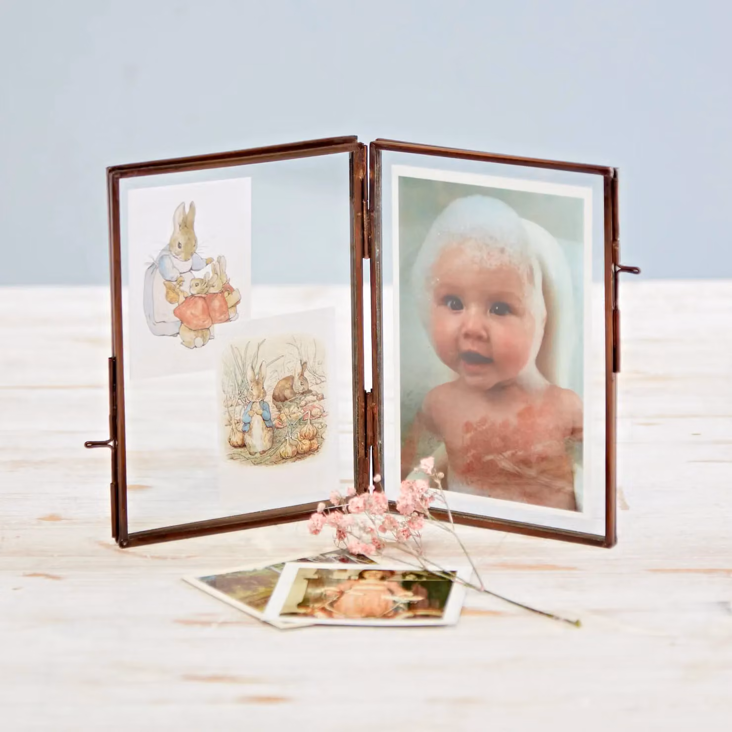 Paper High Antique Brass Reclaimed Glass Folded Double Photo Frame in Copper, Large – 2