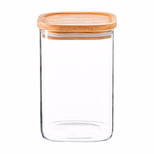 Argon Tableware Square Glass Storage Jar with Airtight Wooden Lid, 1.1 l, Transparent – 1