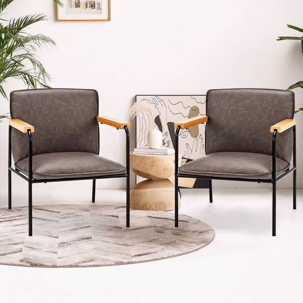 EONLION Grey PU Leather Upholstered Accent Armchair with Metal Frame and Armrests, Height: 100 cm – 3