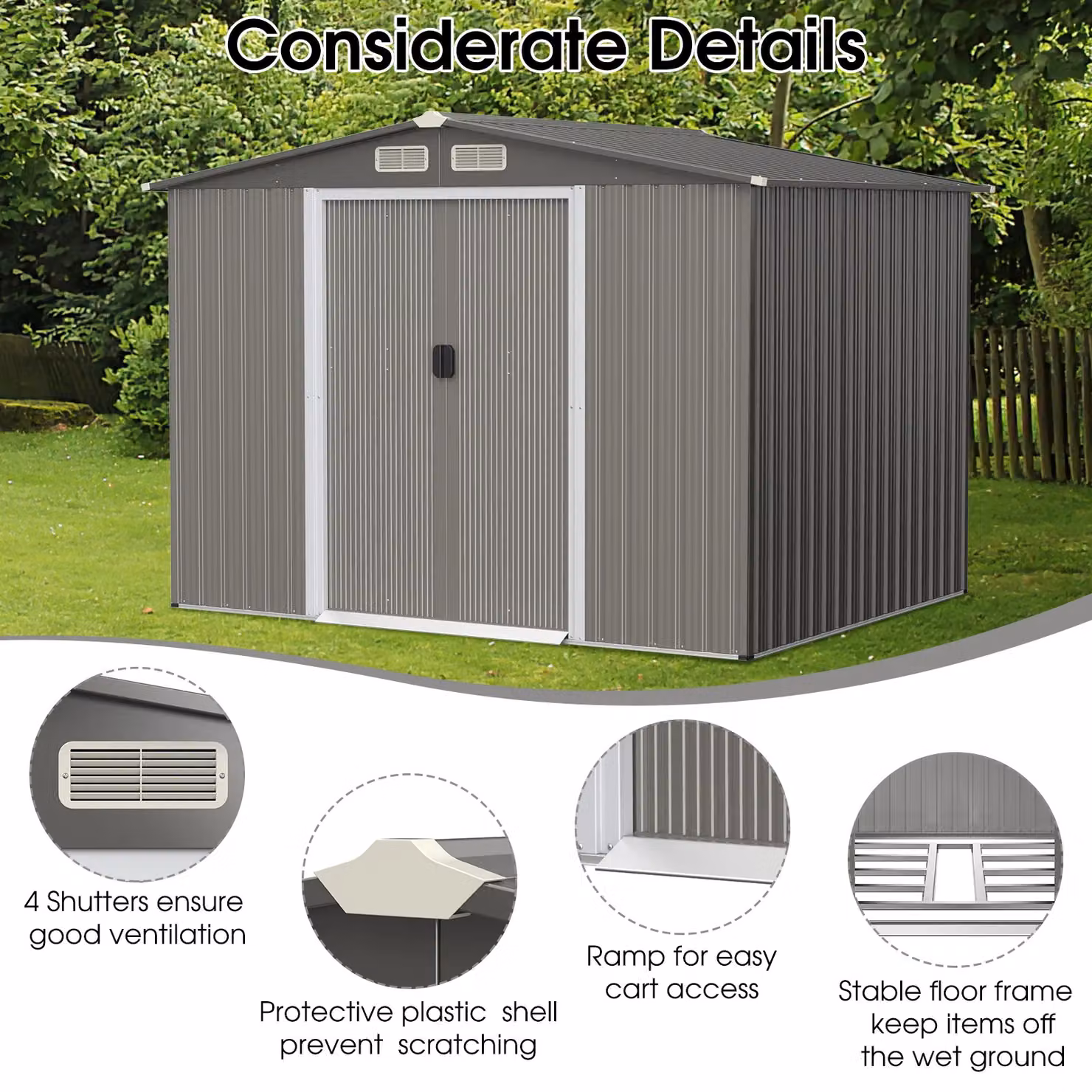 Gymax Galvanised Steel Tool Shed with Foundation and Double Doors, Beige, W: 260 cm, H: 180 cm – 3