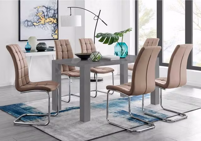 FurnitureboxUK Pivero Grey High Gloss Rectangular Dining Table and 6 Murano Chairs in Cappuccino