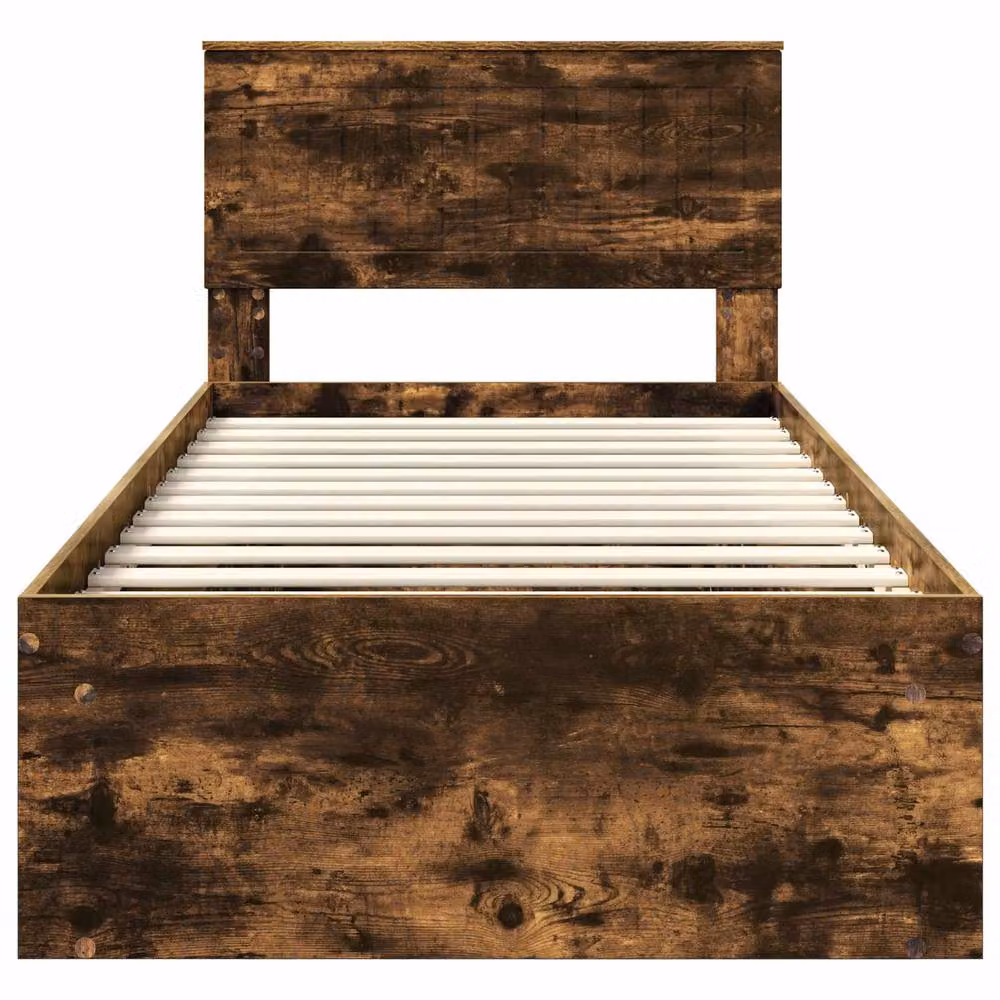 Berkfield Home Bed Frame with Headboard in Smoked Oak and Brown Solid Pine Wood, W/D/H: 90 x 200 cm – 3