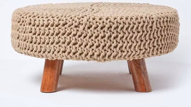 Homescapes Large Round Cotton Knitted Footstool in Beige with Wood Frame
