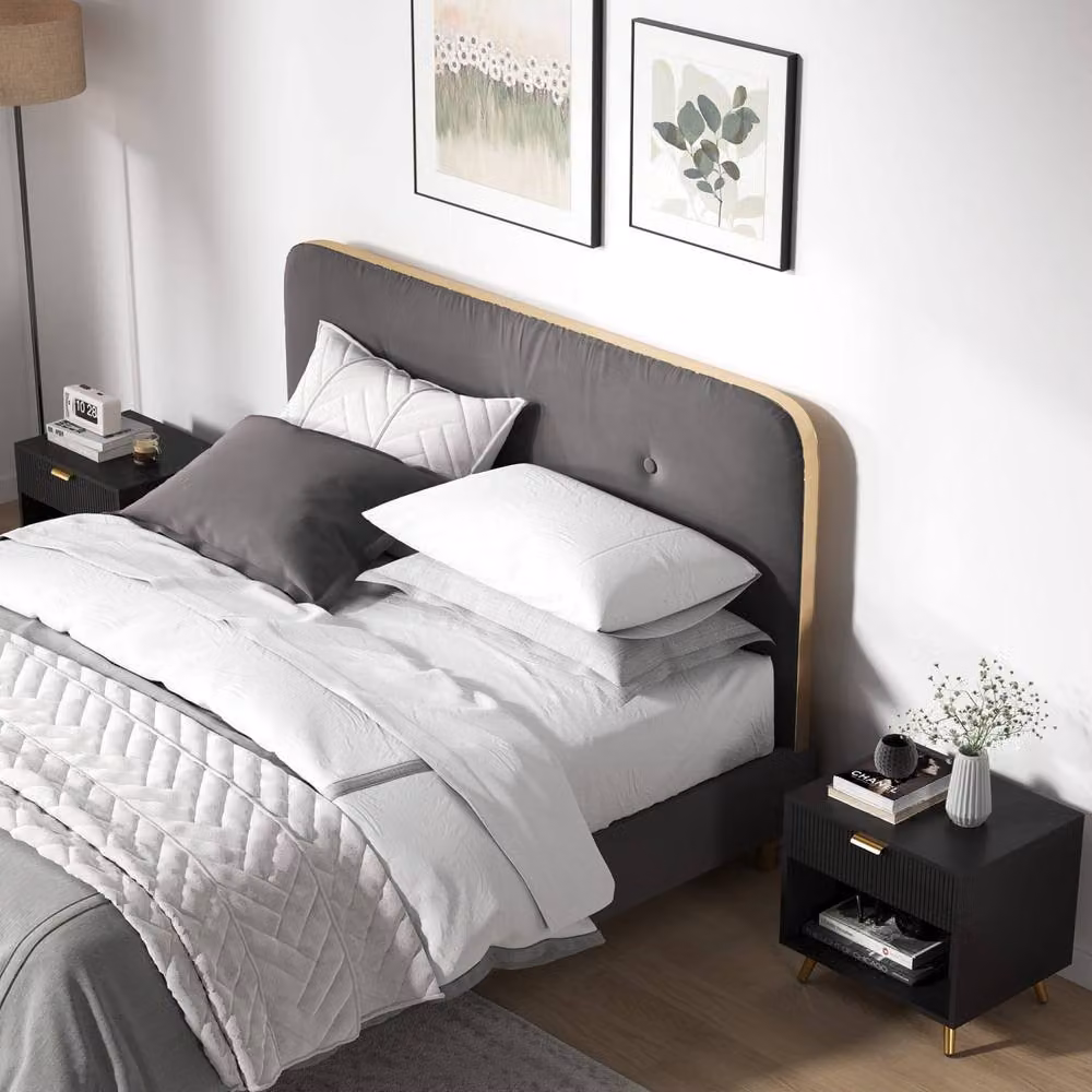 Wyld Haus Sota Set of 2 Black and Gold Ribbed Bedside Tables with Drawer and Shelf – 3
