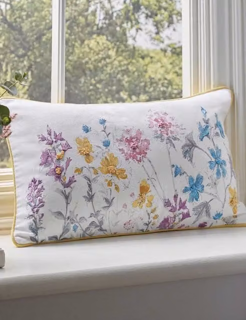 Laura Ashley Wild Meadow Multi-Colour Floral Embroidered Pure Cotton Rectangular Cushion
