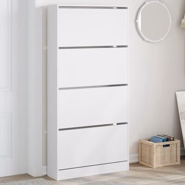 Berkfield Home Modern White Shoe Cabinet with 4 Tilting Compartments, W/D/H: 80 x 21 x 163.5 cm