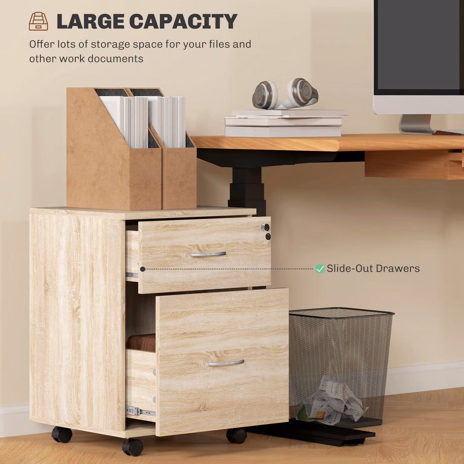HOMCOM Two Drawer Lockable Filing Cabinet in Wood-Effect with Castors, W/D/H: 40.0 x 58.0 x 58.0 cm – 3
