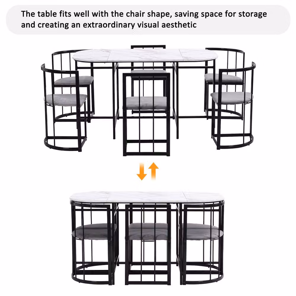 FENCHILIN Modern Space Saving Dining Set with Rectangular Table and 6 Upholstered Chairs in Black – 4