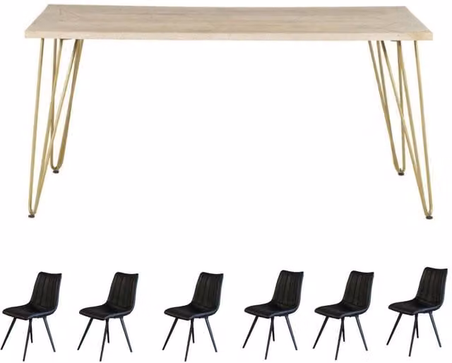IH Design Modern Rectangular Mango Wood Dining Table with 6 Chairs in Brown and Gold