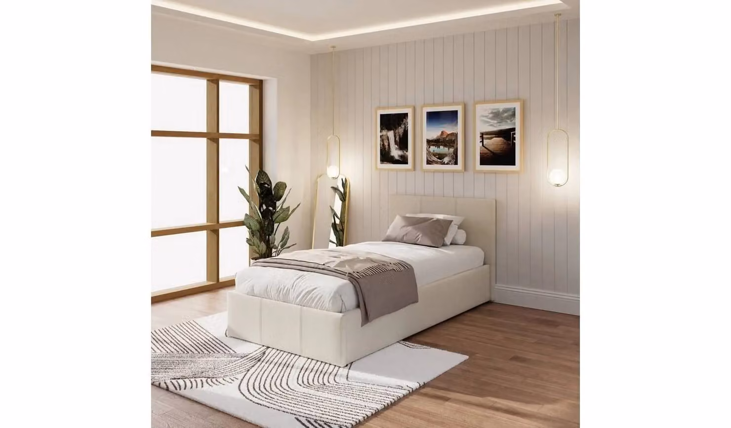 GFW End Lift Single Ottoman Bed in Beige Hopsack Fabric with Gas Lift Storage, W/D/H: 90 x 200 x 110 cm