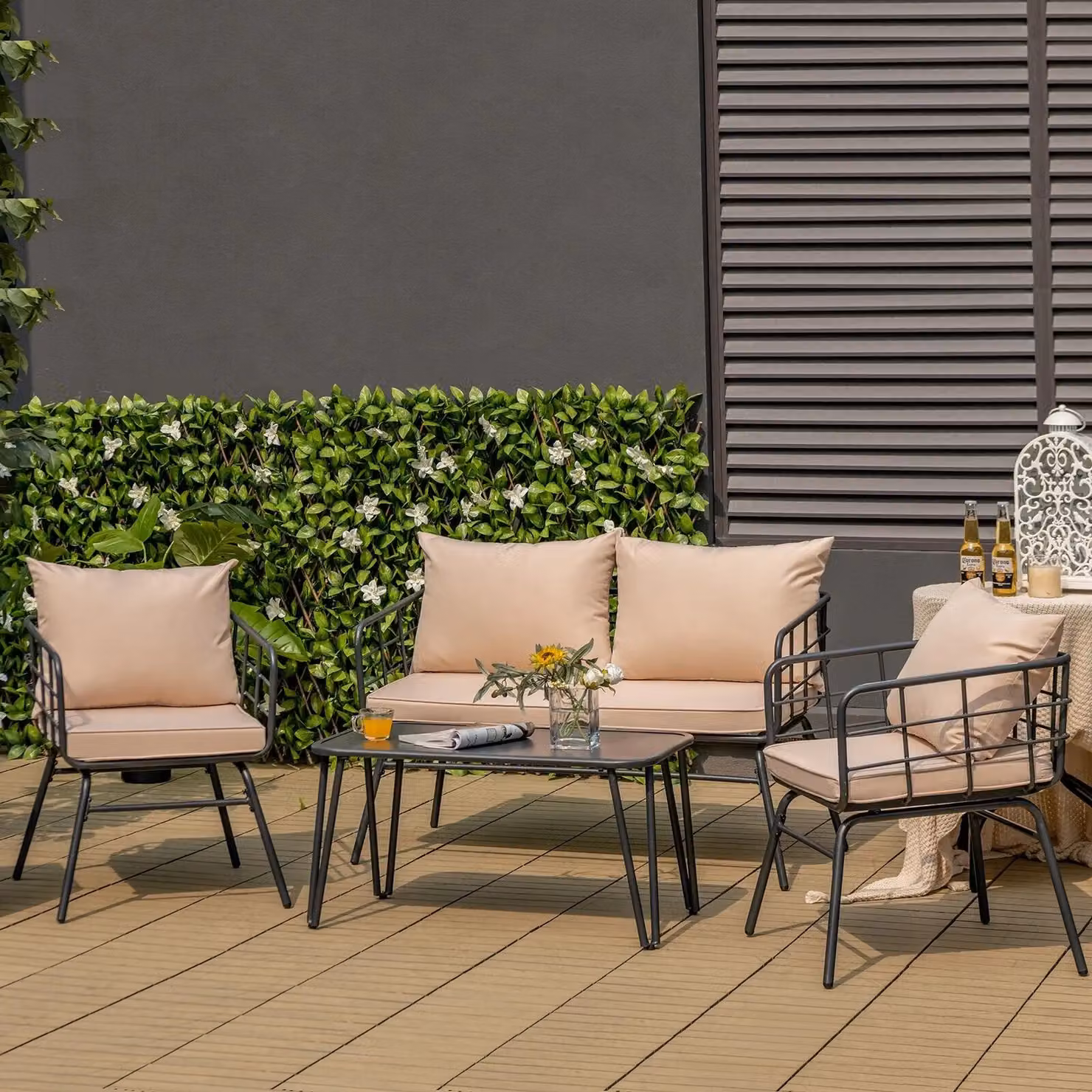 Costway 4 Piece Outdoor Patio Conversation Set in Beige with Upholstered Cushions and Powder Coated Steel Frame – 2