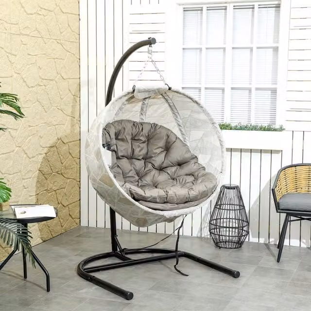 Outsunny Hanging Egg Swing Chair with Folding Basket in Sand Brown
