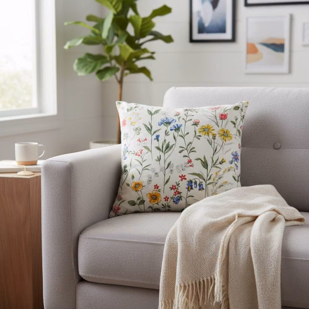 Four Candle Handmade Floral Printed Cotton Cushion with Filling, Multicolour, W/D/H: 45 x 45 x 45 cm – 2