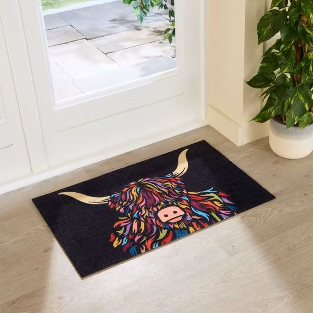 Artsy Mats Highland Cow Washable Non-Slip Indoor Doormat, Black, W: 80 cm, D: 50 cm