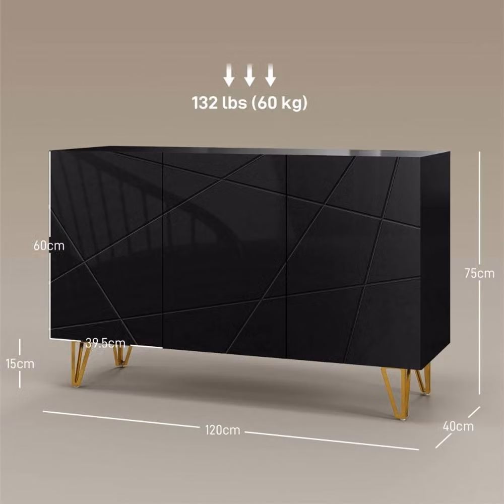 STILVORA Modern Glossy Black Sideboard with Gold Accents and Adjustable Shelves, Width: 120 cm – 2