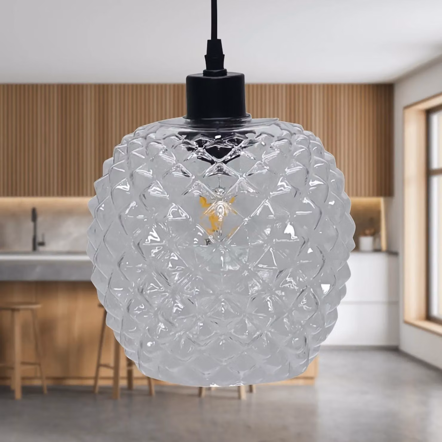 First Choice Lighting Baine Transparent Glass Sphere Pendant Light with Black Fitting – 2