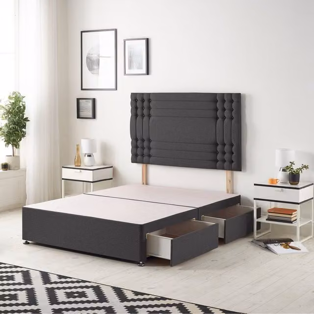 Somnior Beds Ltd Saville Velvet Divan Base with 32 inch Diamante Headboard and Drawers, Black, W/D/H: 90 x 190 cm