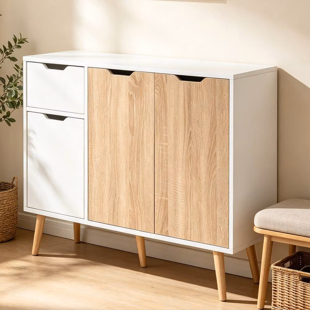 ERGOVEXA Scandinavian Style Sideboard Floor Standing Storage Cabinet with Drawer in Natural White and Beige, W/D/H: 120 x 40 x 72 cm – 4
