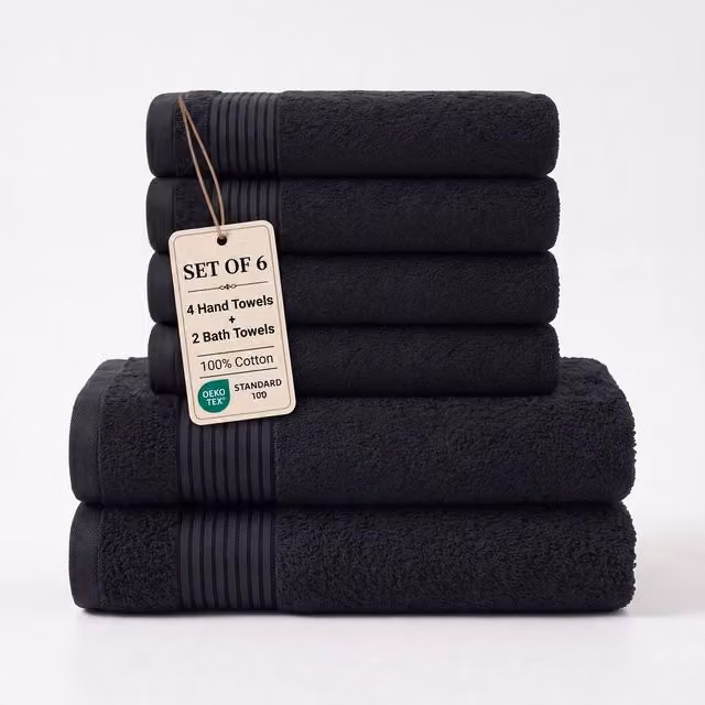 Grace Premium 500 GSM Cotton Bath and Hand Towel Set of 6 in Charcoal Grey