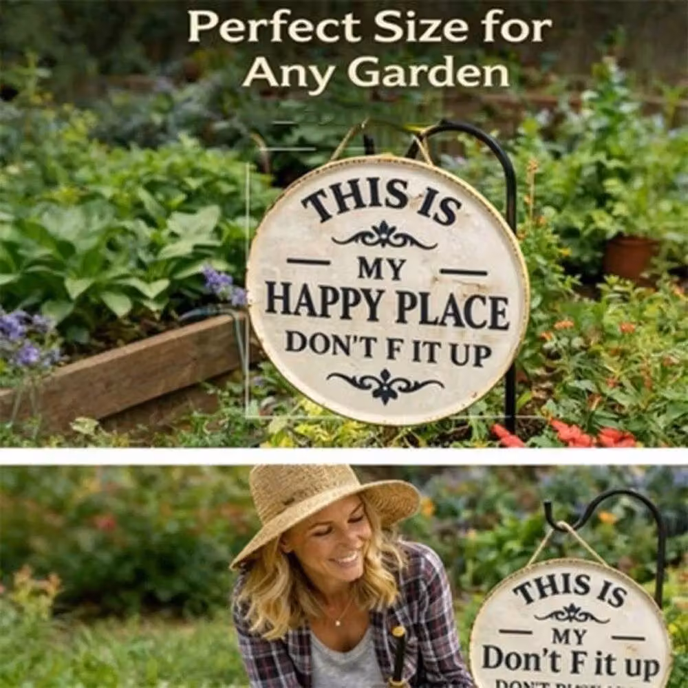 FLAVORA Round Metal Happy Place Welcome Garden Sign in White, Diameter: 30 cm – 5