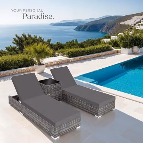 tectake 3-Piece Rattan Sun Lounger Set with Powder Coated Aluminium Frame, Side Tray and Weatherproof Cushions in Grey and Beige – 8