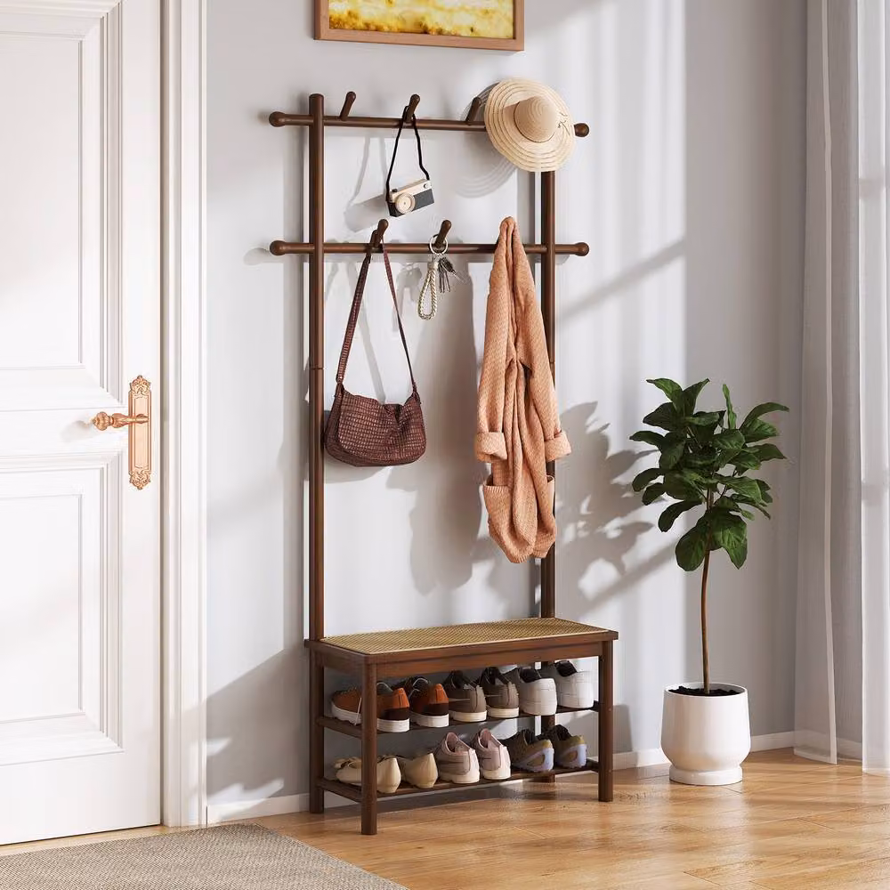 Gymax Rustic Brown Hall Tree Entryway Bench with 11 Hooks, 2 Hanging Rods and Shoe Rack – 2