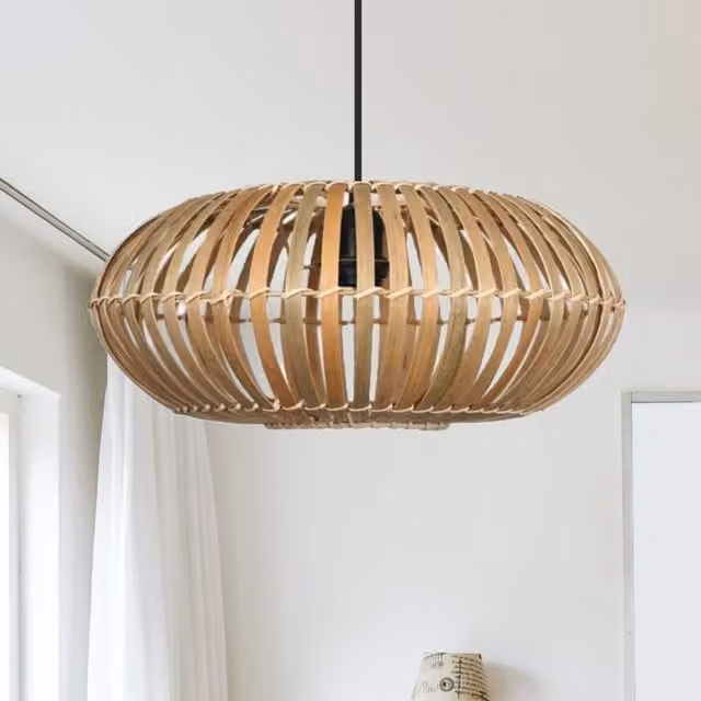 First Choice Lighting Loren Bamboo Natural Round Pendant Lightshade in Brown and Beige