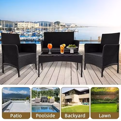 Alivio 4 Piece Rattan Furniture Set in Black with Coffee Table, 2 Seater Sofa, Armchairs and Cushions for Garden, Terrace or Balcony – 3