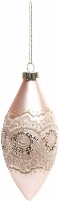 KDMD Pink Glass Droplet Bauble with Lace Detailing, Pack of 2, H: 12 cm