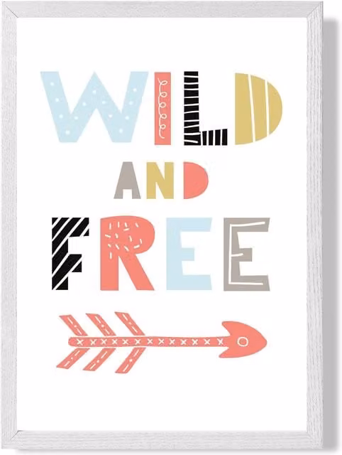ARTZE Wild & Free Scandi Quote Framed Print, A2, White Frame, Pale Blue and Multicolour