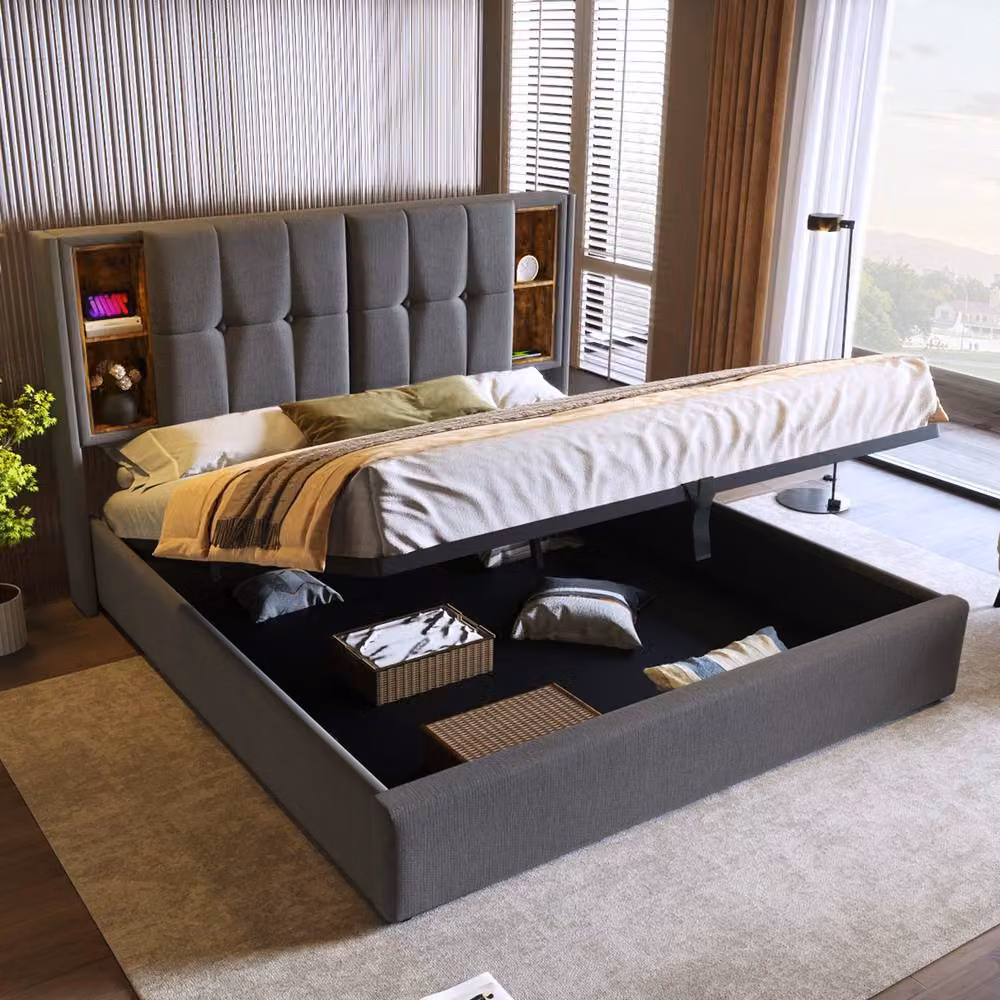 Rolipo Grey Linen Super King Size Bed with Hydraulic Storage and USB Charging Ports W/D/H: 180 x 200 cm – 6