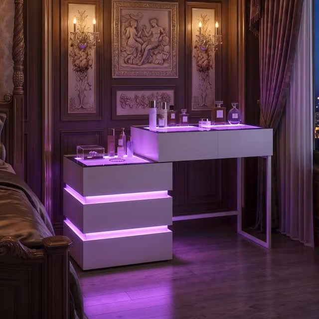 FENCHILIN 2 in 1 RGB Lighting Bedside Dressing Table with 5 Drawers, White, W: 130 cm, D: 40 cm, H: 81 cm