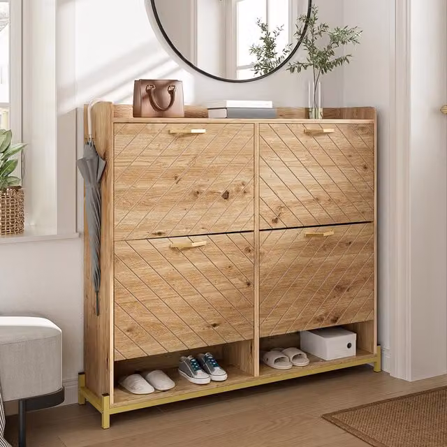Aosom UK 4-Door Space-Saving Shoe Cabinet in Natural Brown, W/D/H: 108.5 x 24 x 100 cm – 1