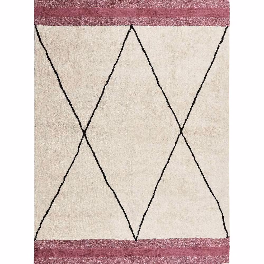 Wyld and Coco Boho Geometric Woven Cotton-Blend Rug in Beige, Black and Pink with Fringes, W: 140 cm, L: 200 cm – 2