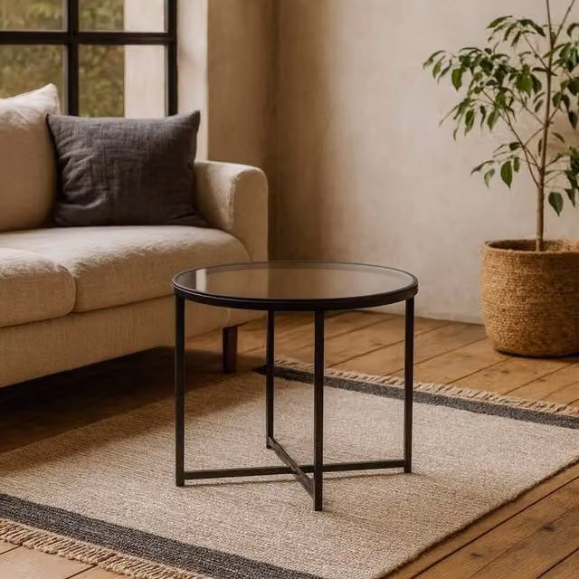 Wyld Haus Oakfern Round Side Table with Grey Smoked Glass Top and Matt Black Metal Base, W/D/H: 55 x 55 x 45 cm – 1