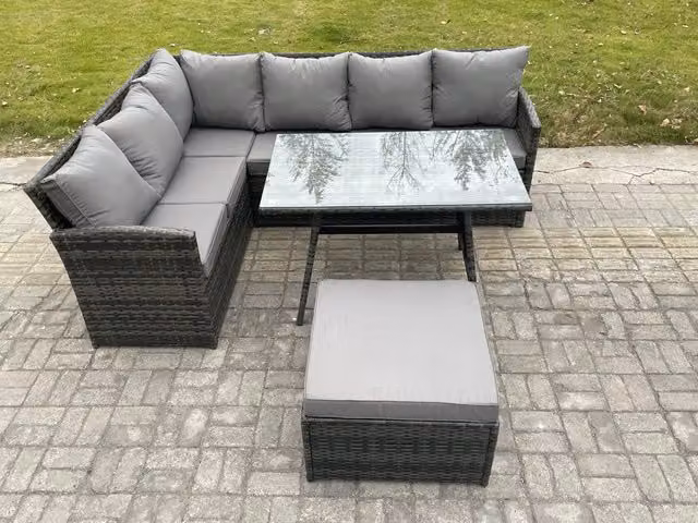 Fimous Dark Grey Rattan Garden Furniture Set with Corner Sofa, Oblong Dining Table and Big Footstool