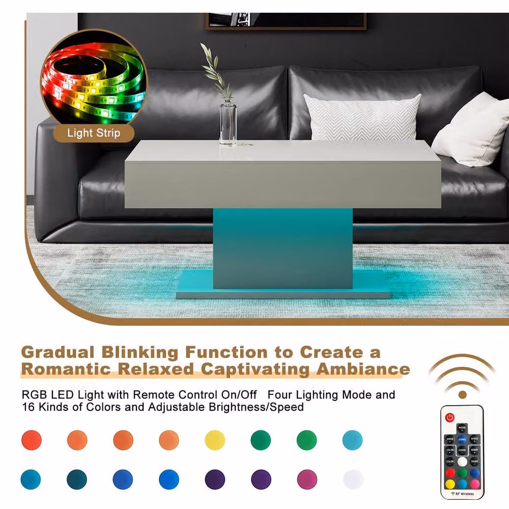 KEEPREAPER Modern Rectangular Coffee Table in Grey with High Glossy Finish and 16-Colour LED Lights – 6