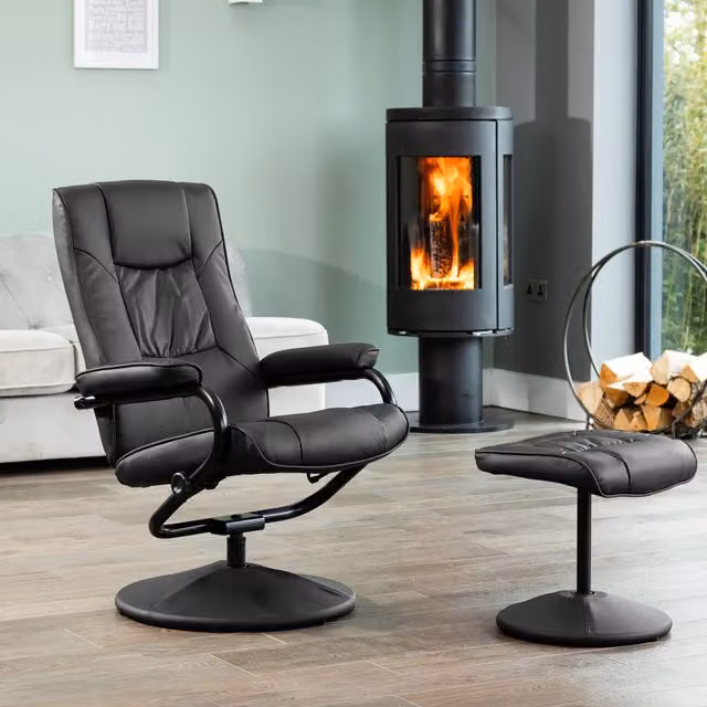 Artemis Home Gibson Swivel Recliner and Footstool in Black Synthetic Leather
