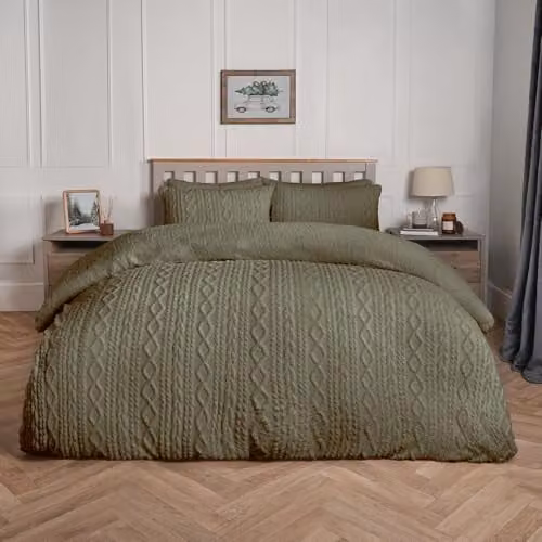 OHS King Size Cable Knit Fleece Duvet Cover Set with 2 Pillowcases, Green, 180 x 200 cm