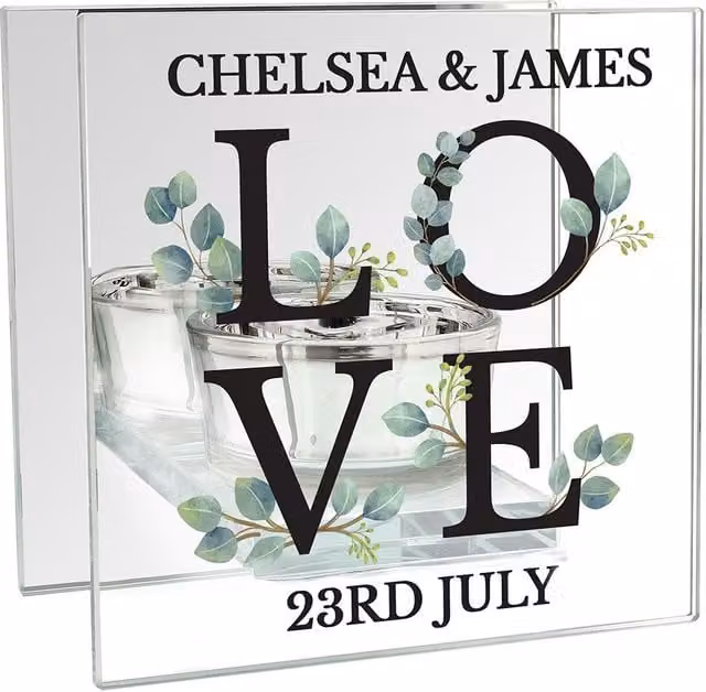 Personalised Memento Company Personalised Botanical Mirrored Glass Tea Light Holder in Metallic Silver