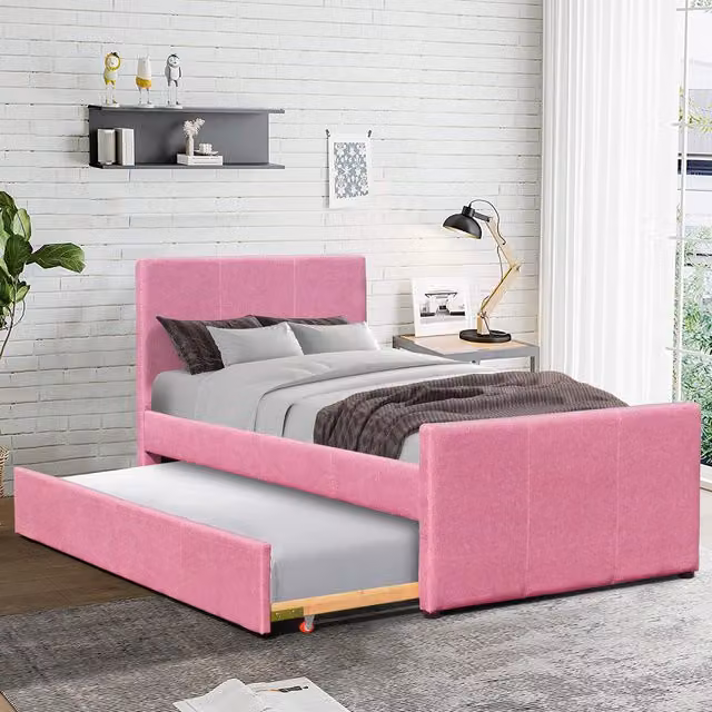 Comfy Living Pink Upholstered Fabric Single Bed Frame with Trundle for Children, W/D/H: 90 x 190 cm